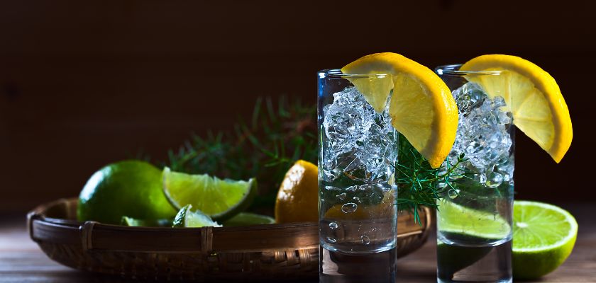 Gin tonic postrežen v prozornim kozarcima s limono