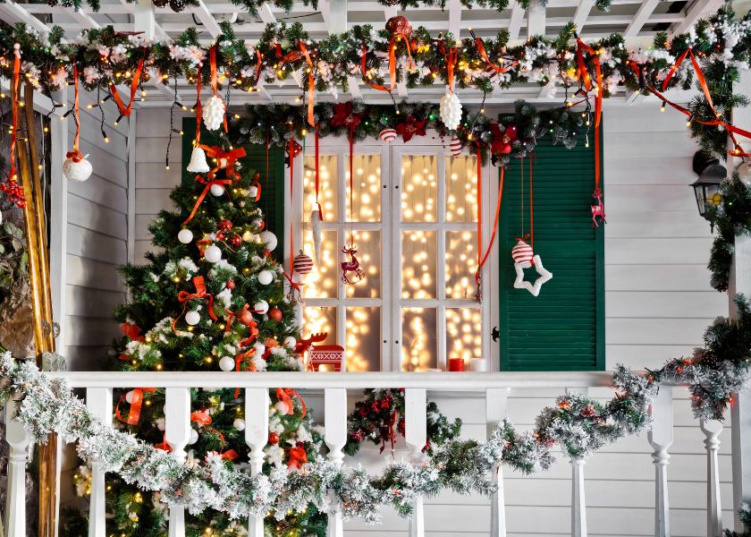 Veranda okrašena za Božične počitnice.