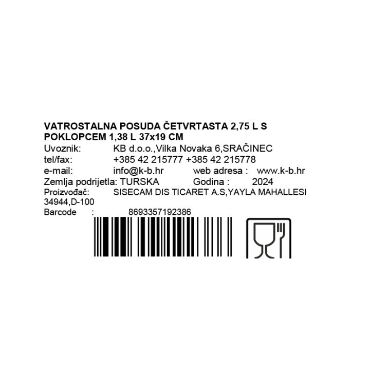 STEKLENA POSODA KVADRATNA 2,75 L 37x19 cm