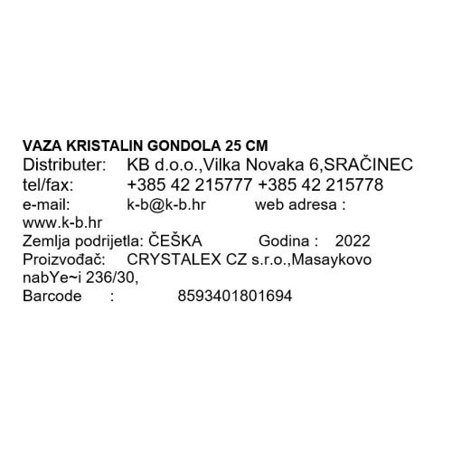VAZA KRISTAL 25cm GONDOLA