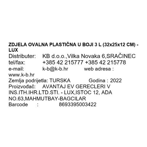 SKLEDA OVALNA PLASTIČNA V BARVI 3 L (32x25x12 CM) - LUX