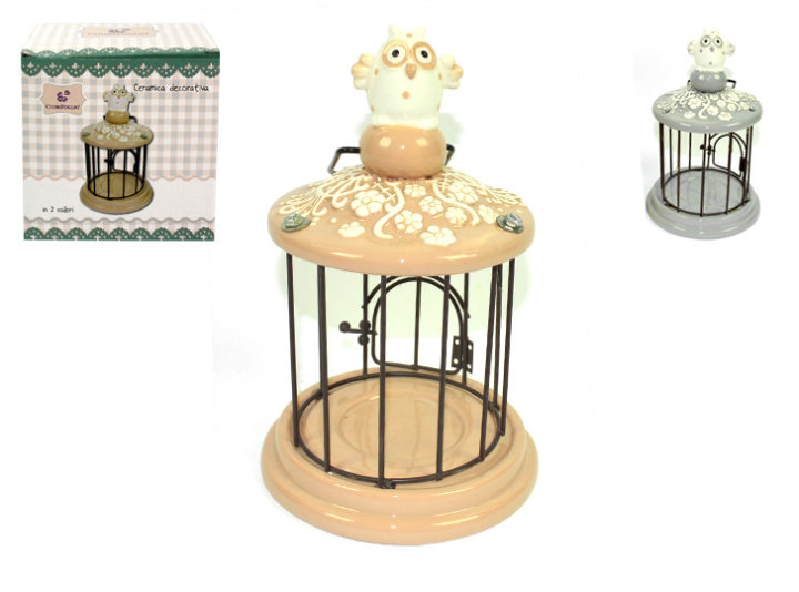 Svečnik ptičja kletka - kovinski in keramični s sovom