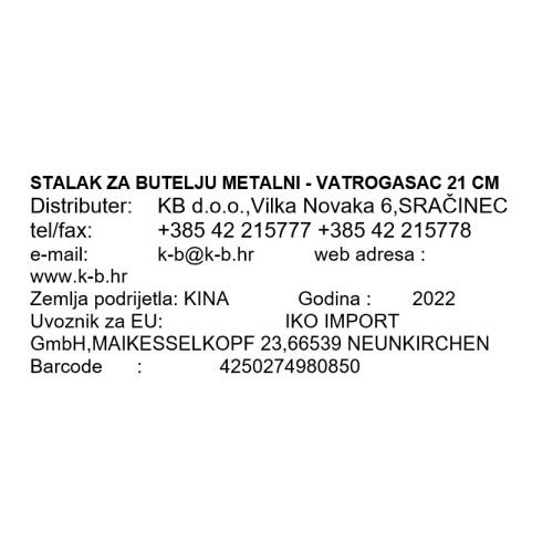 STOJALO ZA VINSKO STEKLENICO KOVINSKO - GASILEC 21 CM