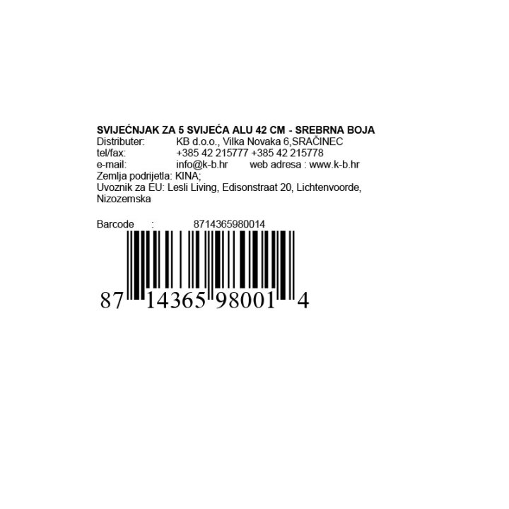 SVEČNIK ZA 5 SVEČ ALU 42 CM - SREBRNE BARVE