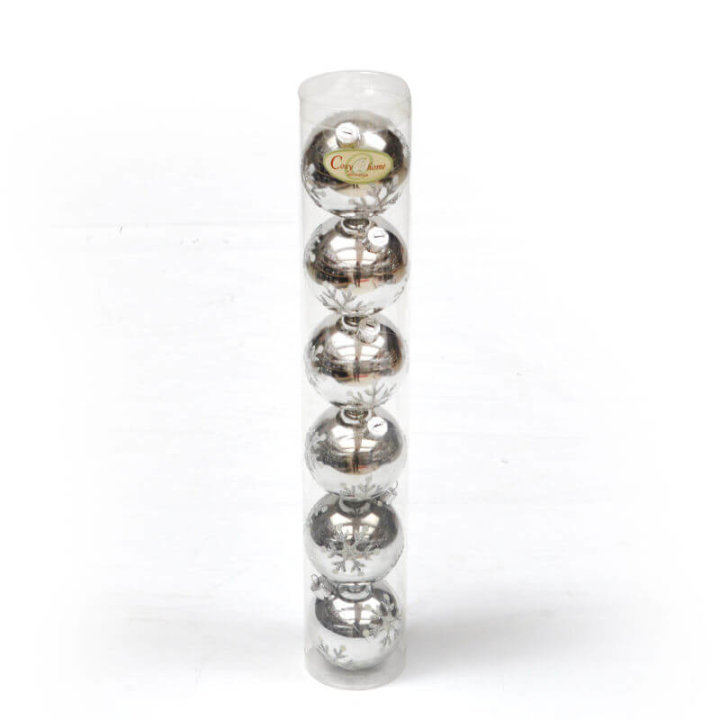 kugle za bor ( 6 cm 6/1 ) ili ( 4,5 cm 8/1 ) srebrne s dekorom u cilindru