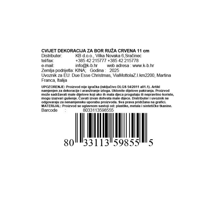 CVET DEKORACIJA ZA BOR ROŽA RDEČA 11 CM