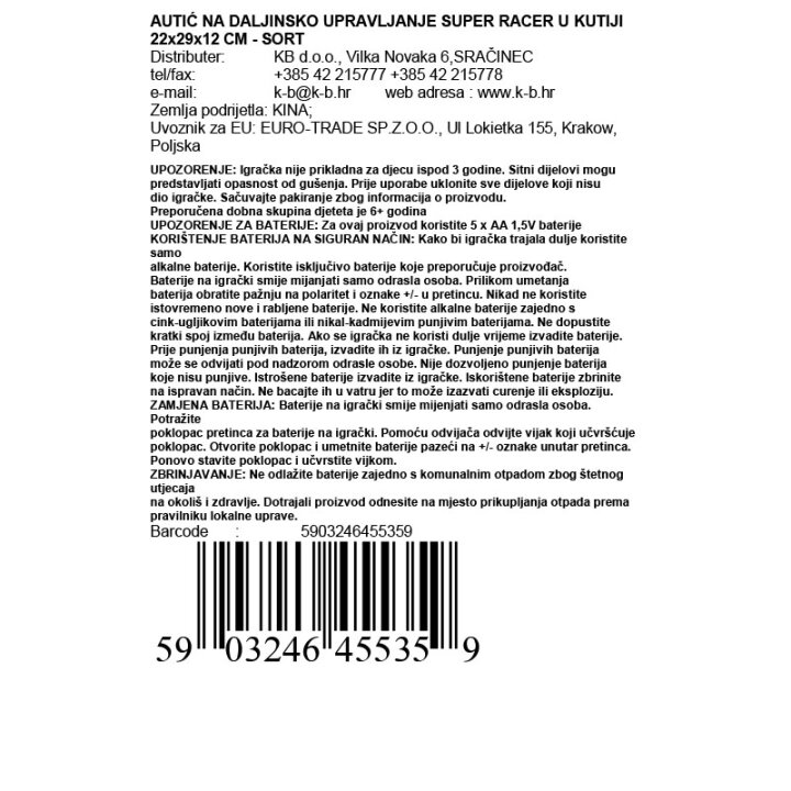 AVTOMOBIL NA DALJINSKO VODENJE SUPER RACER V ŠKATLI