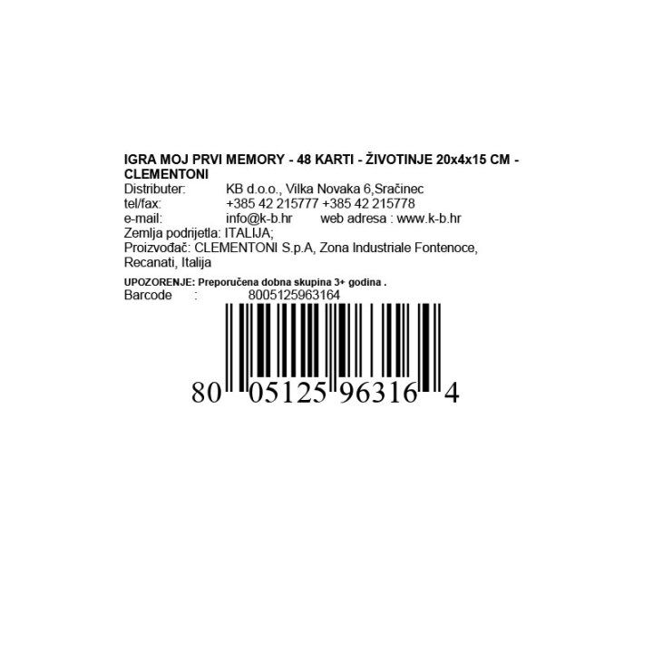 DRUŽABNA IGRA MOJ PRVI MEMORY- 48 KART - ŽIVALI - CLEMENTONI