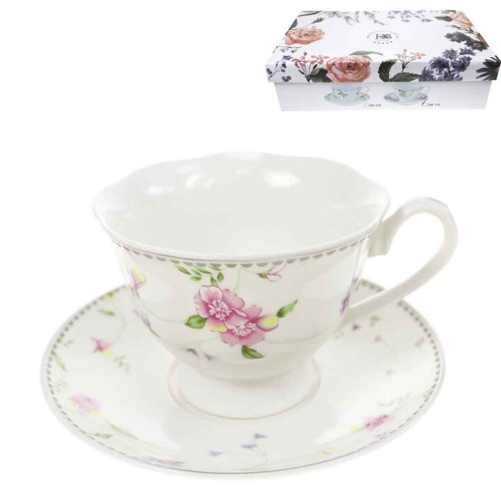 SKODELICE ZA KAVO S KROŽNIČKI 6/1 PORCELAN 200 mL - CVETLIČNI DEKOR