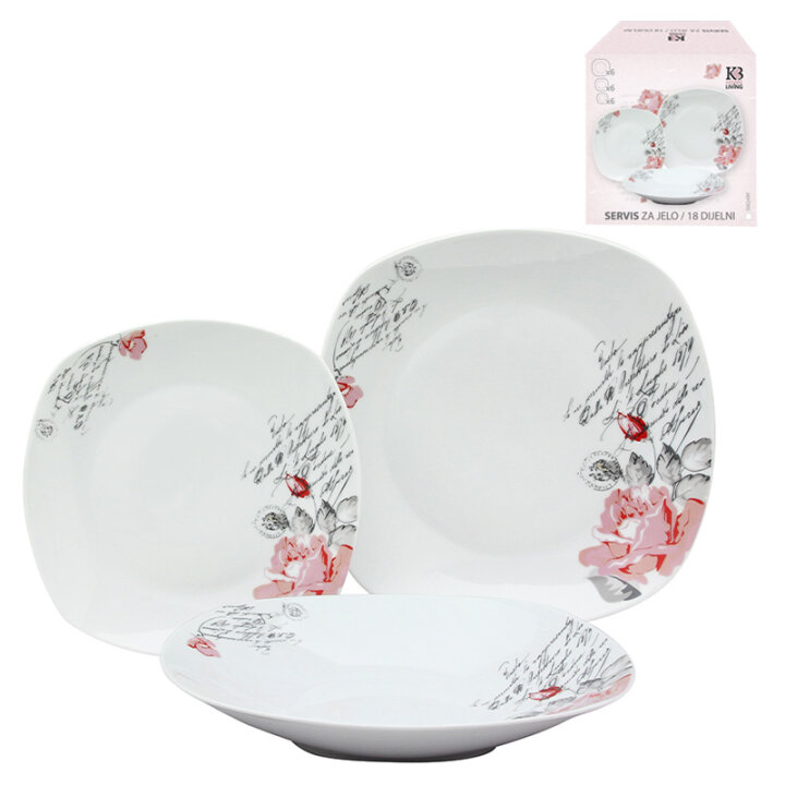 JEDILNI SERVIS IZ PORCELANA ROMANTICA - 18-DELNI KVADRATNI CVETLIČNI DEKOR