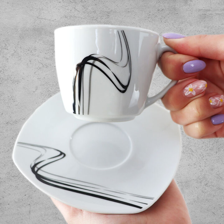 SKODELICE PORCELAN BLACK WAVE 6/1 S KROŽNIČKI - KVADRATNE 200 mL BLACK LINE DEKORACIJA