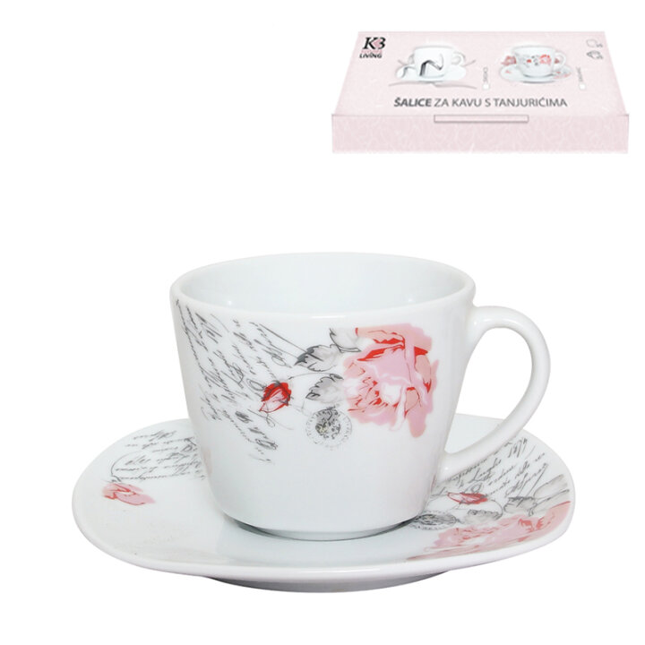 PORCELANSKE SKODELICE ROMANTICA 6/1 S KROŽNIČKI 200 mL - CVETLIČNI DEKOR