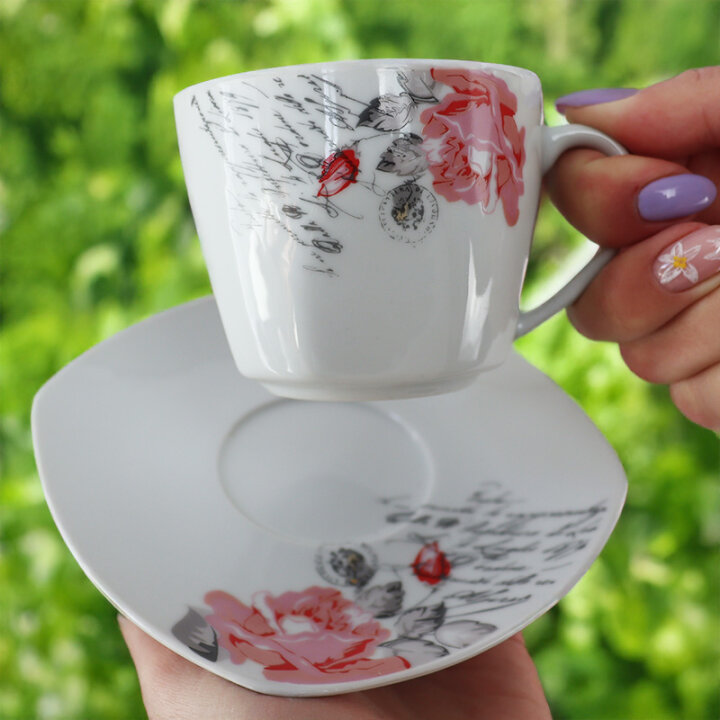 PORCELANSKE SKODELICE ROMANTICA 6/1 S KROŽNIČKI 200 mL - CVETLIČNI DEKOR