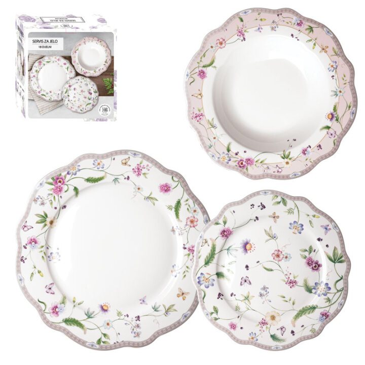 JEDILNI SERVIS 18-DELNI NEW BONE PETITE GARDEN PORCELAN, OKRAŠEN – VALOVIT ROB
