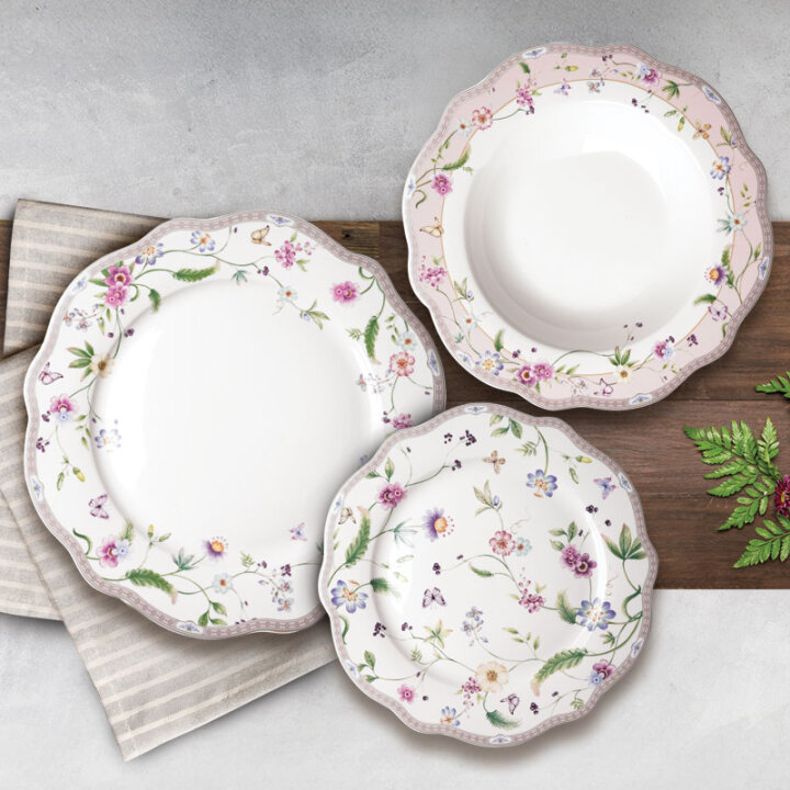 JEDILNI SERVIS 18-DELNI NEW BONE PETITE GARDEN PORCELAN, OKRAŠEN – VALOVIT ROB
