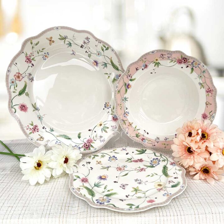 JEDILNI SERVIS 18-DELNI NEW BONE PETITE GARDEN PORCELAN, OKRAŠEN – VALOVIT ROB