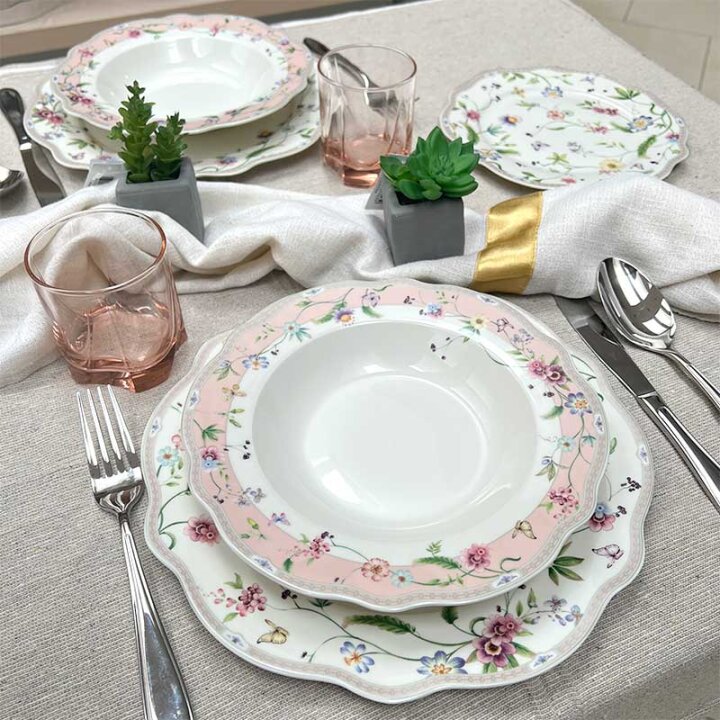 JEDILNI SERVIS 18-DELNI NEW BONE PETITE GARDEN PORCELAN, OKRAŠEN – VALOVIT ROB