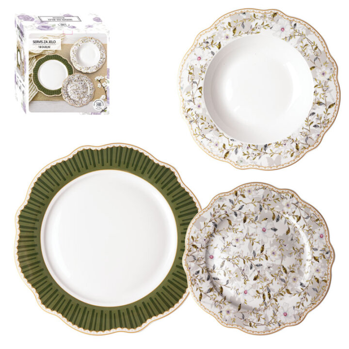 SERVIS ZA JEDI 18-DELNI NEW BONE FLORAL MEADOW PORCELAN, OKRAŠEN – VALOVIT ROB